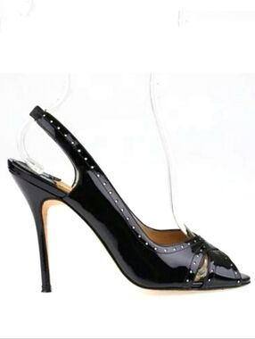 MANOLO BLAHNIK Slingback Sandals Black Perforated Patent Size 39 Peep Toe Pump